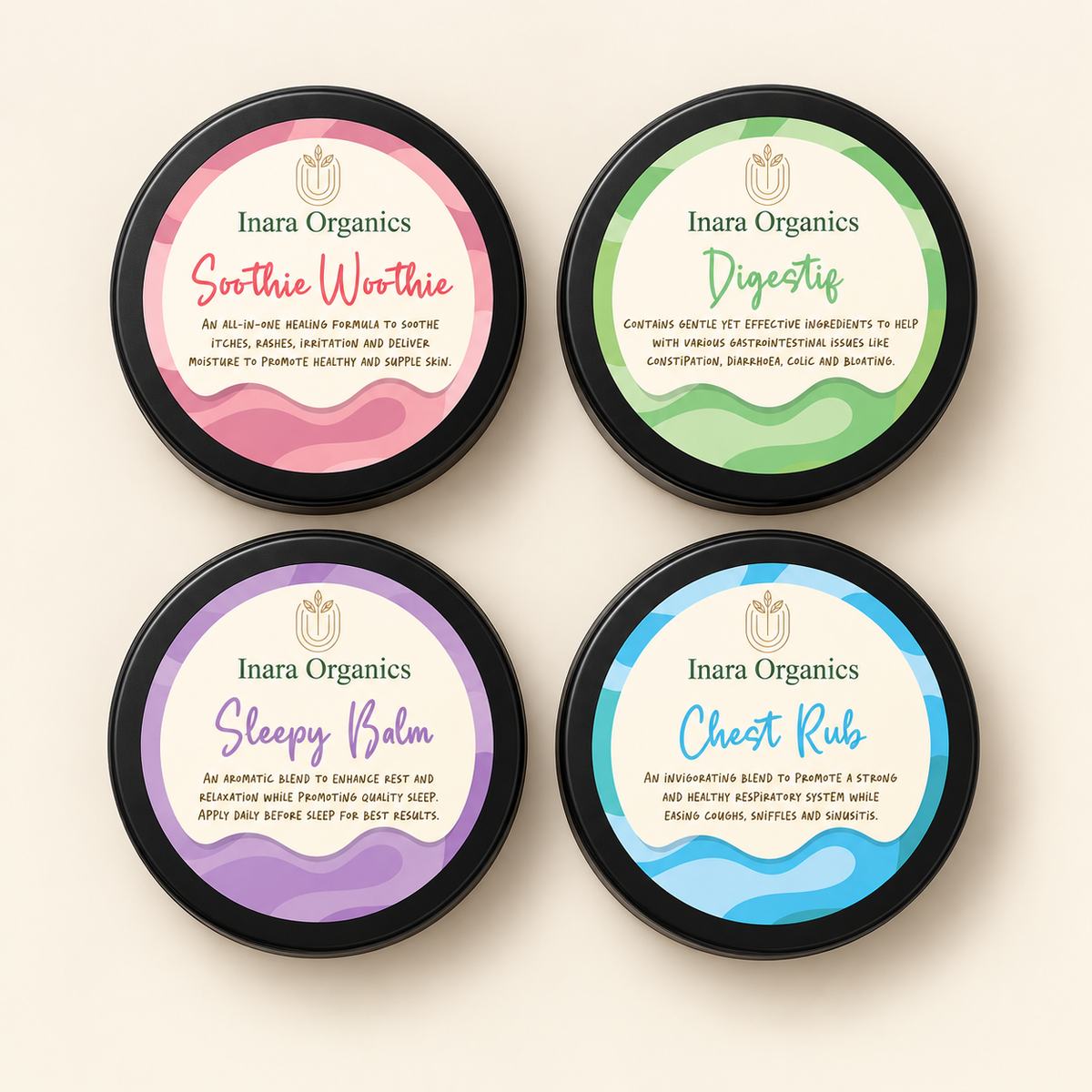 Newborn Set with four 30 ml balms: Soothie Woothie, Digestif, Sleepy Balm and Chest Rub