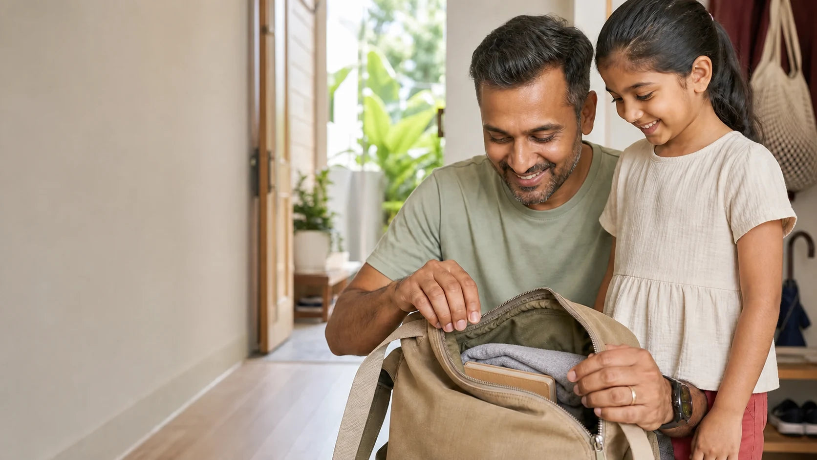 Indian Singaporean father and daughter packing a bag together